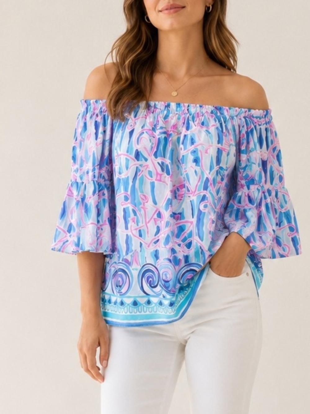 Lilly Pulitzer Nevie Off Shoulder Blue Pink Reel Nauti Tropical Vacation Blouse